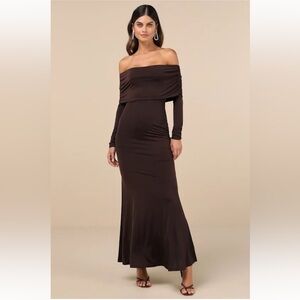 NWT Lulus Effortlessly Stunning Dark Brown Off-the-Shoulder Maxi Dress